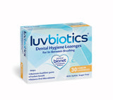Luv Biotics, botella de pastillas de limón para higiene bucal mejorada.