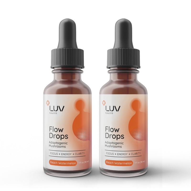 LUV health Flow Drops: botella que sugiere energía y enfoque para el día.