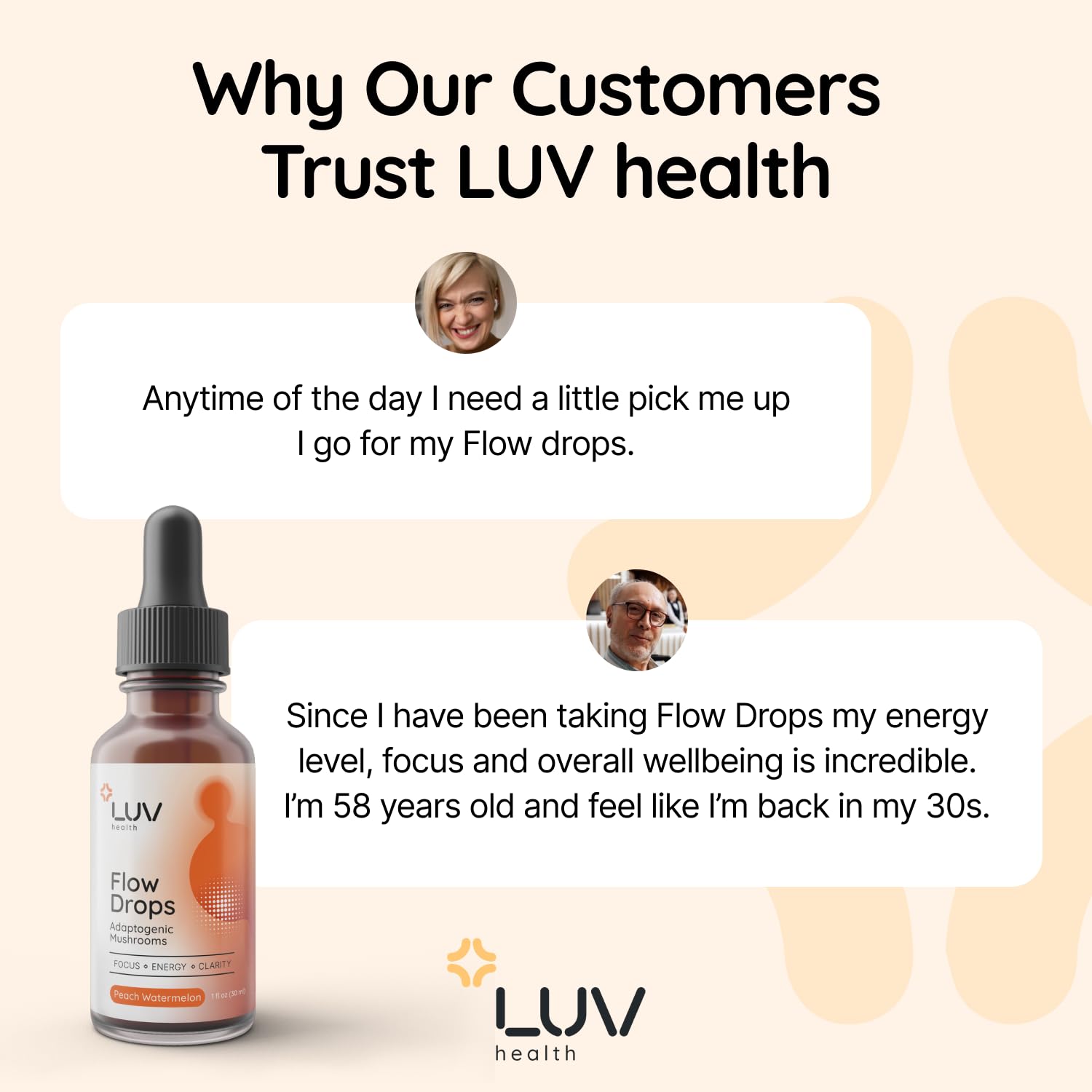 LUV health Flow Drops: cola de pavo y chaga para apoyo diario.
