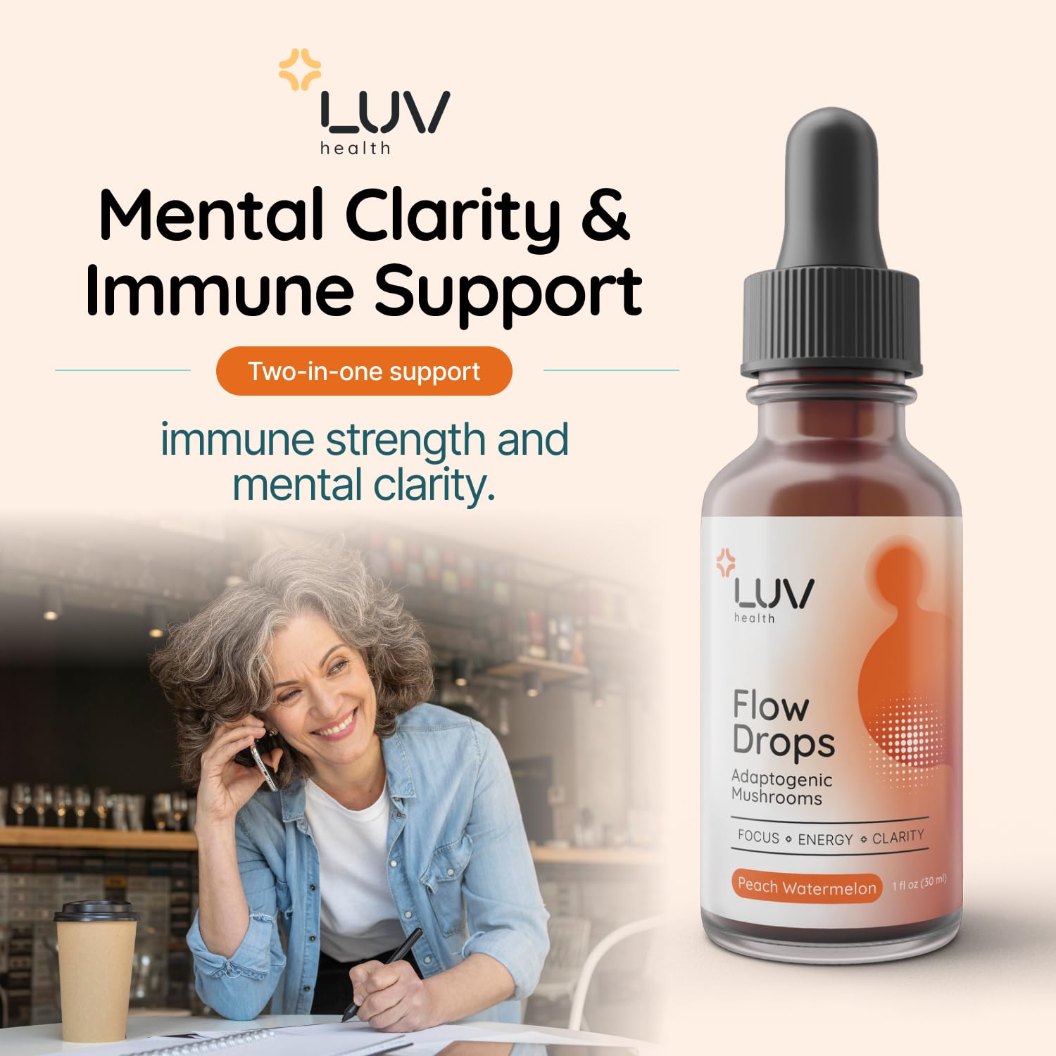 LUV health Flow Drops: cordyceps y melena de león para energía sostenida.
