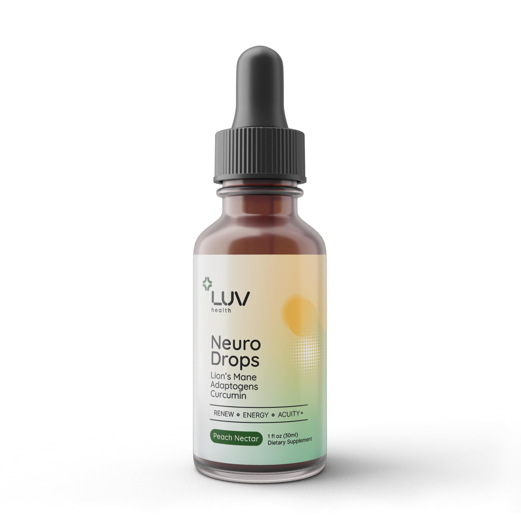 LUV health Neuro Drops muestra la botella vertida, posibilidad de apoyo nervioso y articular.