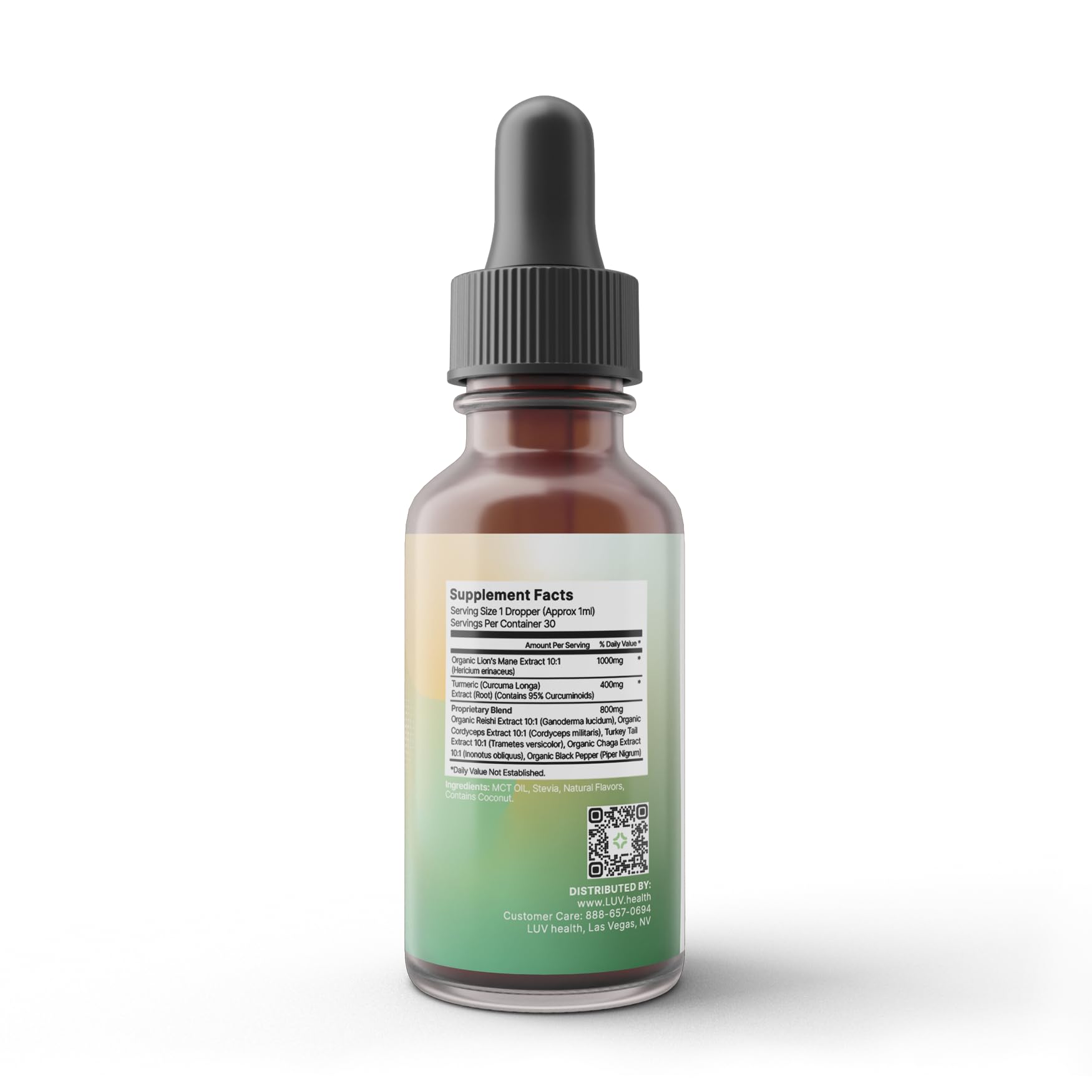 LUV health Neuro Drops: etiqueta clara que destaca ingredientes orgánicos y adaptógenos