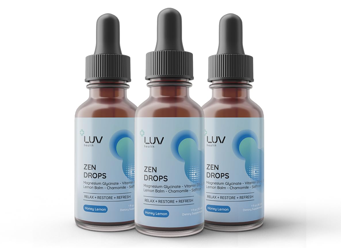 LUV health Zen Drops: vista de la botella para apoyo diario al ánimo.