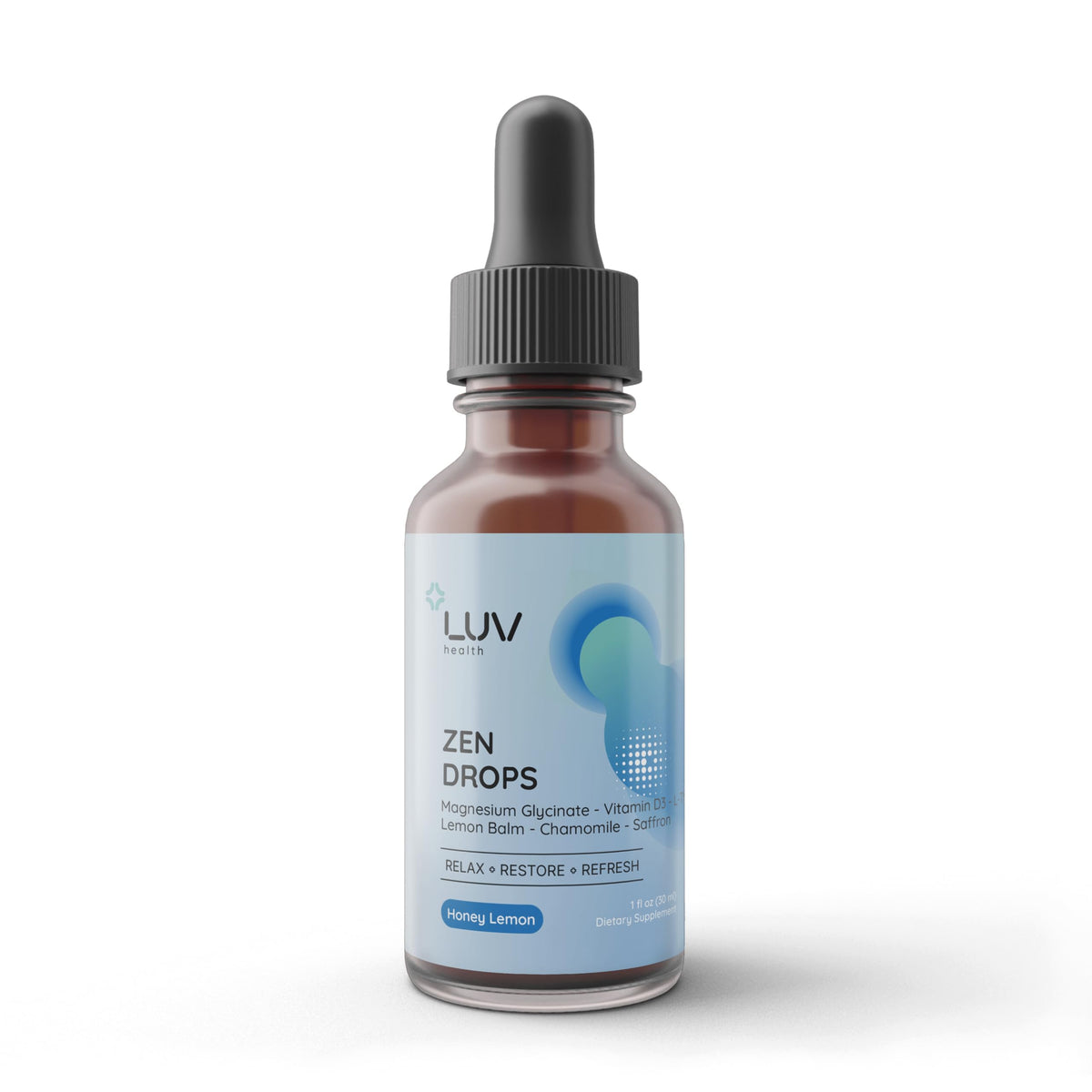 LUV Zen Drops — botella clara para relajación diaria y manejo del estrés.