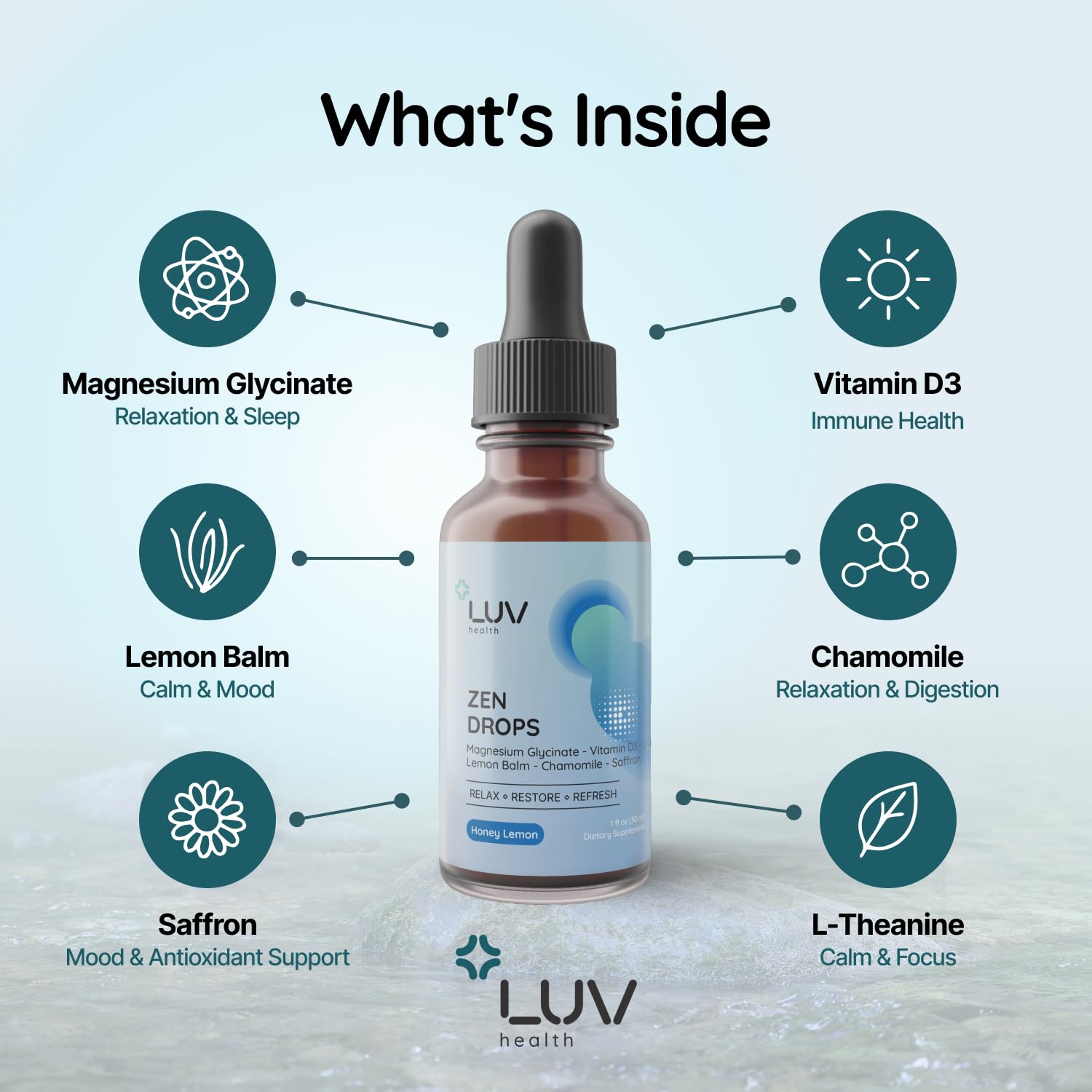 LUV Zen Drops — dosis medidora para tomas fáciles en casa u oficina.