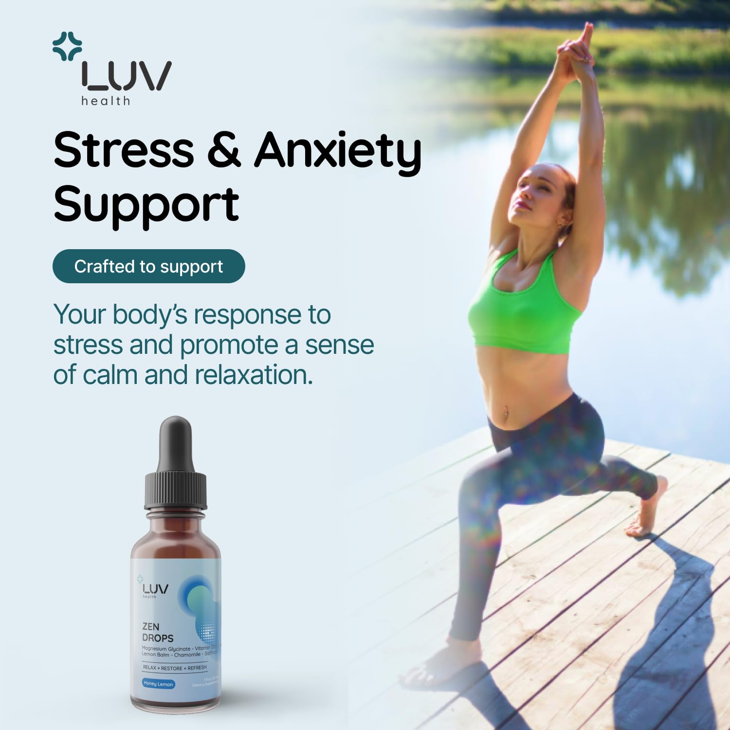 LUV Zen Drops — ingredientes clave visibles como magnesio y L-teanina.