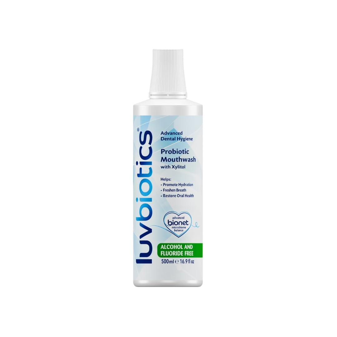 Enjuague bucal Luv Biotics en frasco con probióticos