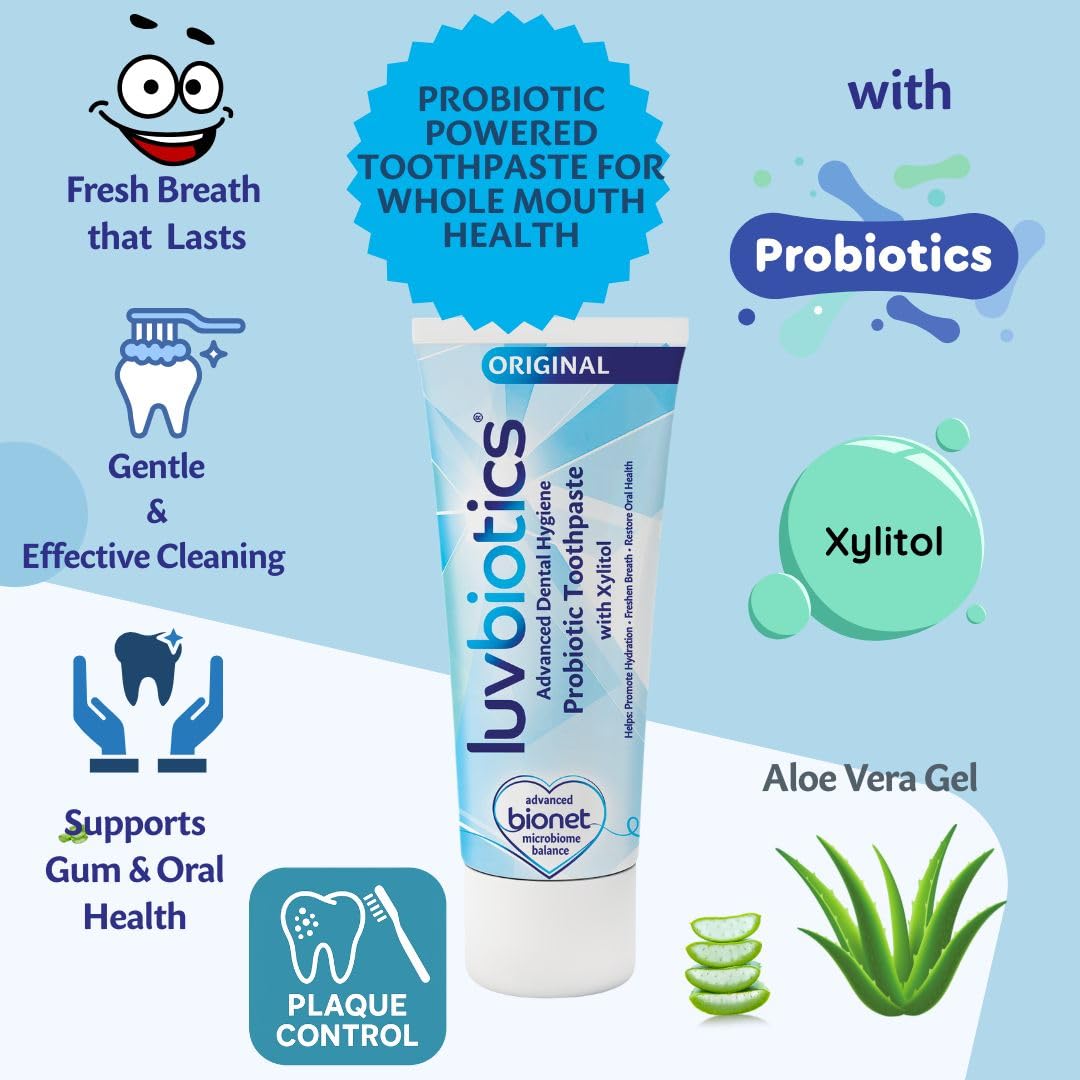 Pasta dental LuvBiotics con aloe vera para una experiencia suave y fresca.