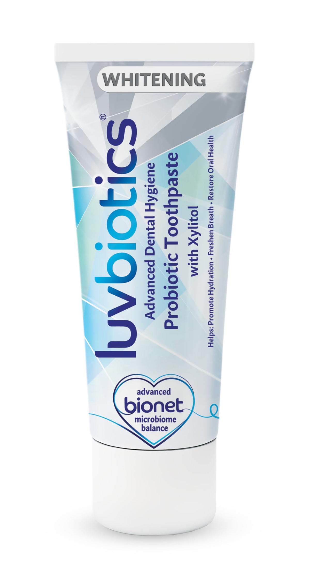 Pasta dental Luv Biotics frente al envase, blanqueamiento suave para uso diario.