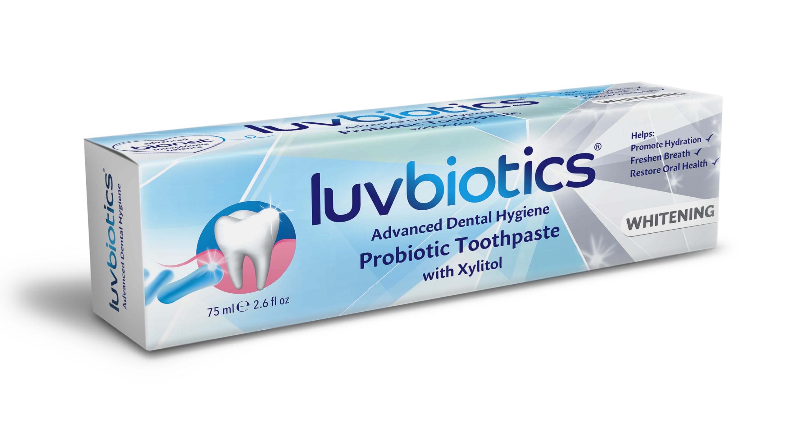 Sonrisa con dientes brillantes tras cepillado con Luv Biotics, frescura duradera.