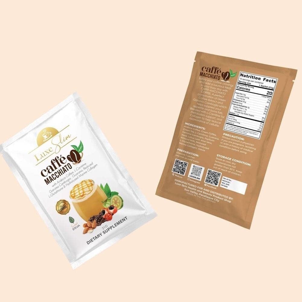 Etiqueta de Luxe Slim Café Macchiato con colágeno y glutatión.
