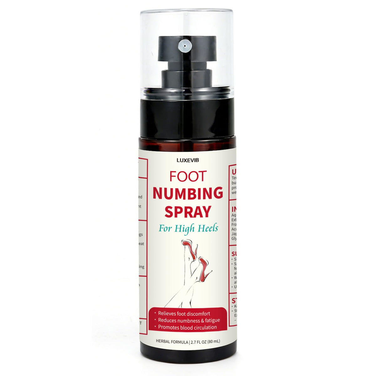 Botella LuxeVib Foot Spray lista para tacones y uso diario.