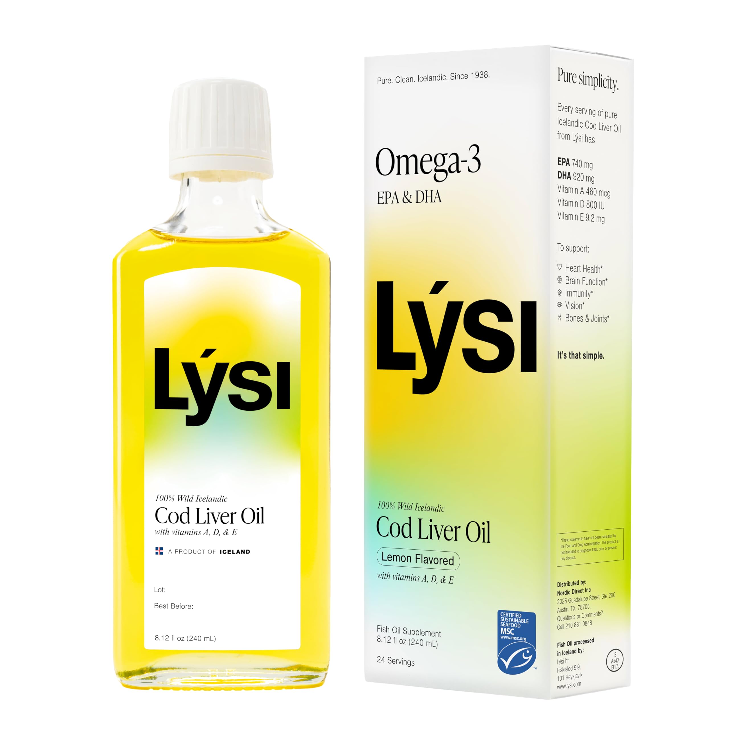 LYSI, botella de aceite de pescado limón, para un aporte de omega-3 diario.