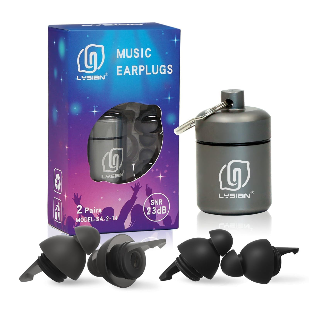 Tapones auditivos Lysian para conciertos reducen ruido manteniendo claridad musical.
