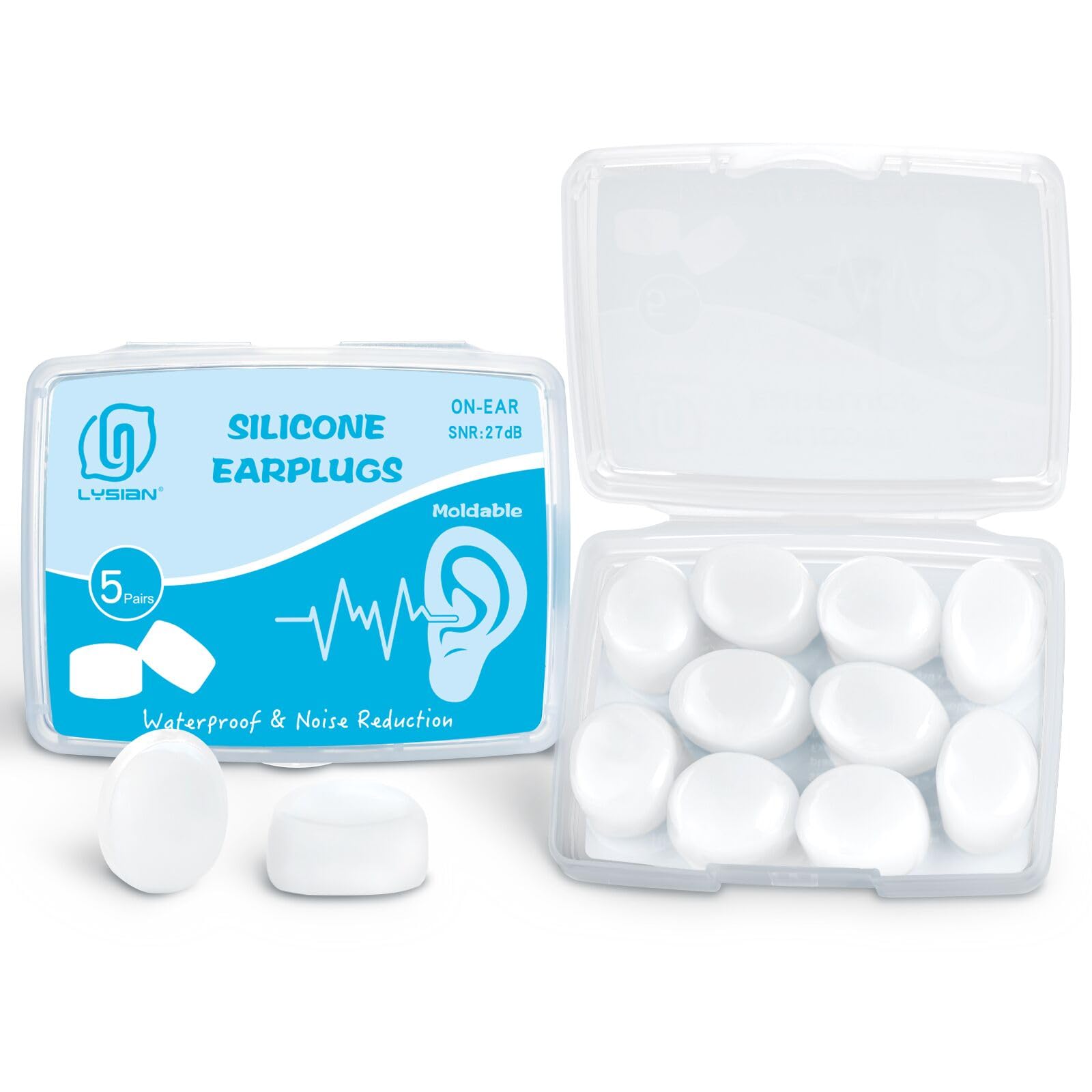 Tapones LYSIAN de silicona moldeables para dormir; ajuste cómodo y reducción de ruido.