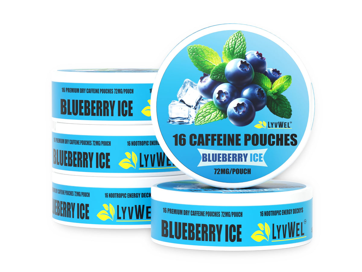 LyvWel bolsas de cafeína Arándano Hielo para energía rápida y concentrada.