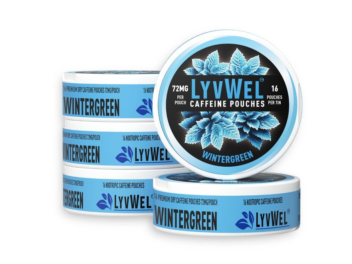 LyvWel bolsa energizante de 72 mg cafeína, sabor menta de invierno, para concentración sostenida.
