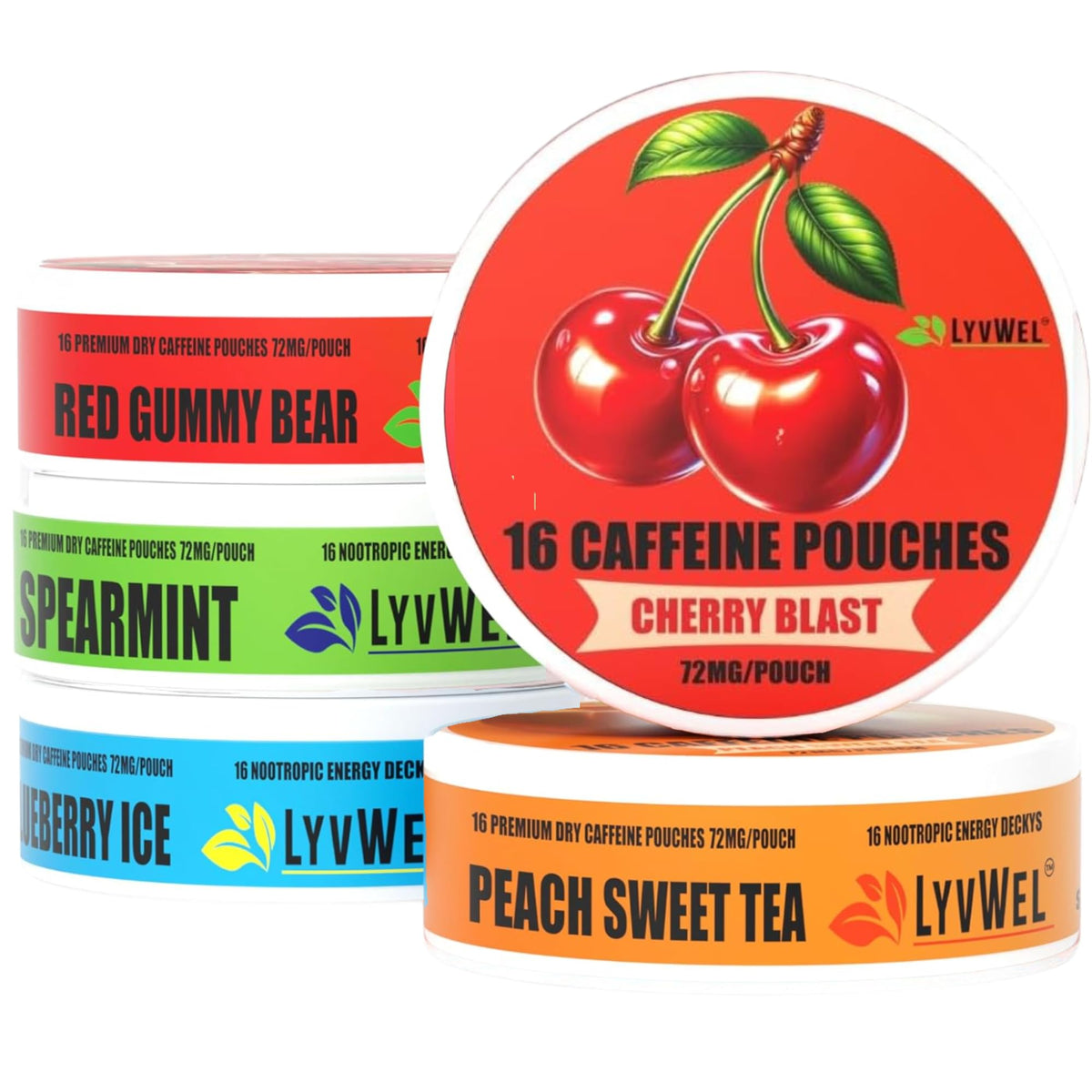 LyvWel bolsitas de cafeína 72 mg para enfoque sostenido y energía discreta, muestra de sabores.