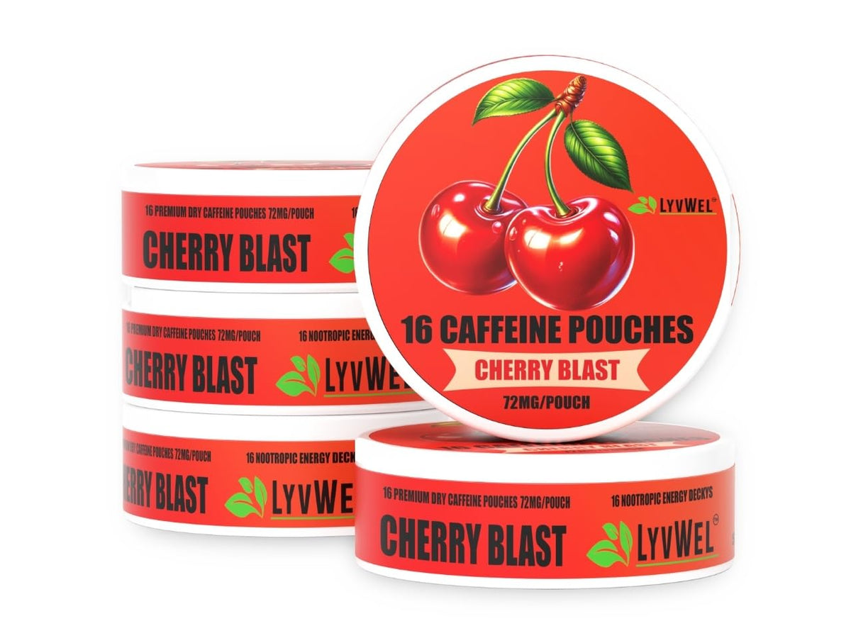 LyvWel empaque de 5 paquetes con cafeína 72 mg sabor Cereza Blast.