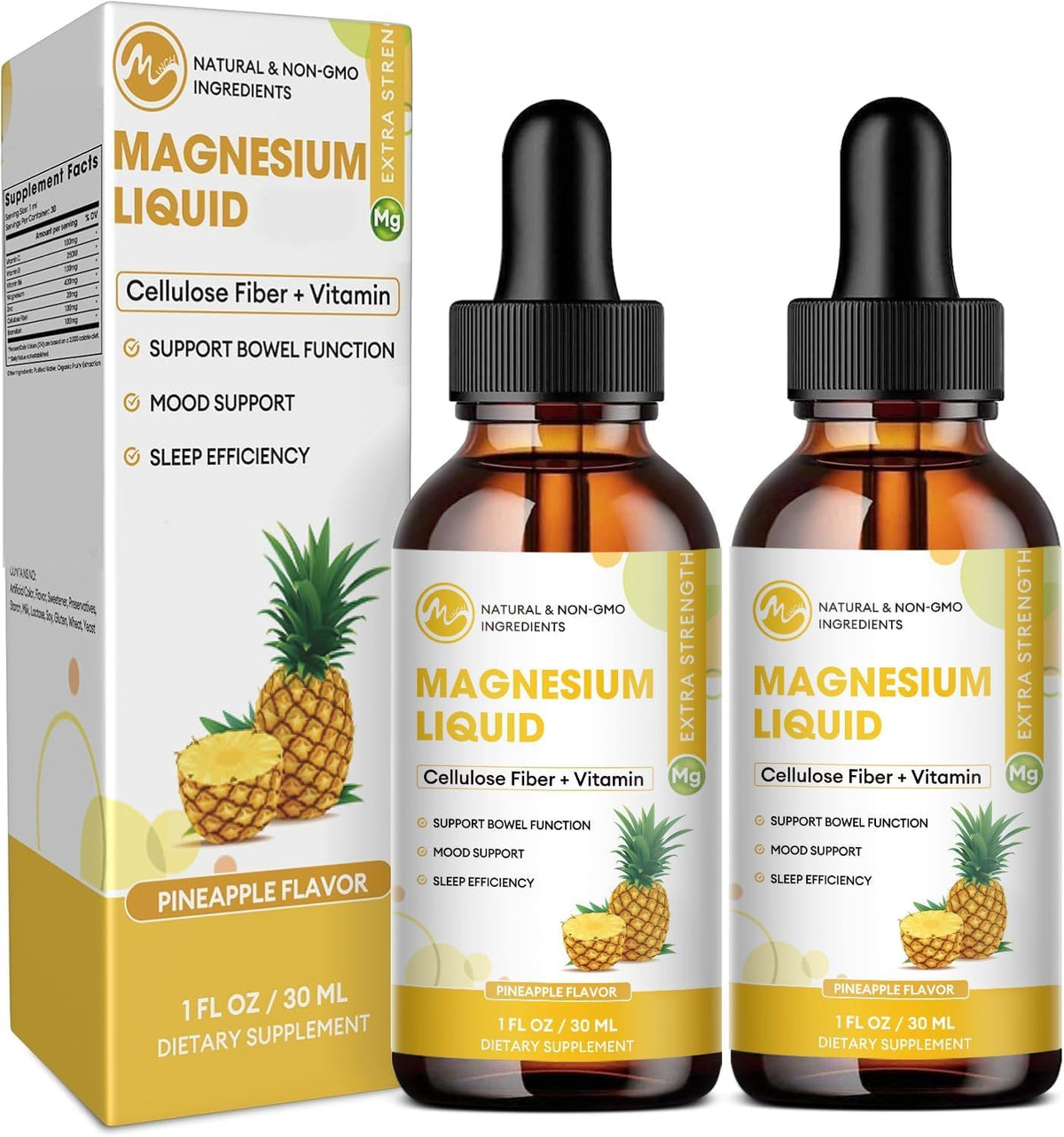 Frasco de M inch magnesio glicinato líquido con sabor piña para uso diario.