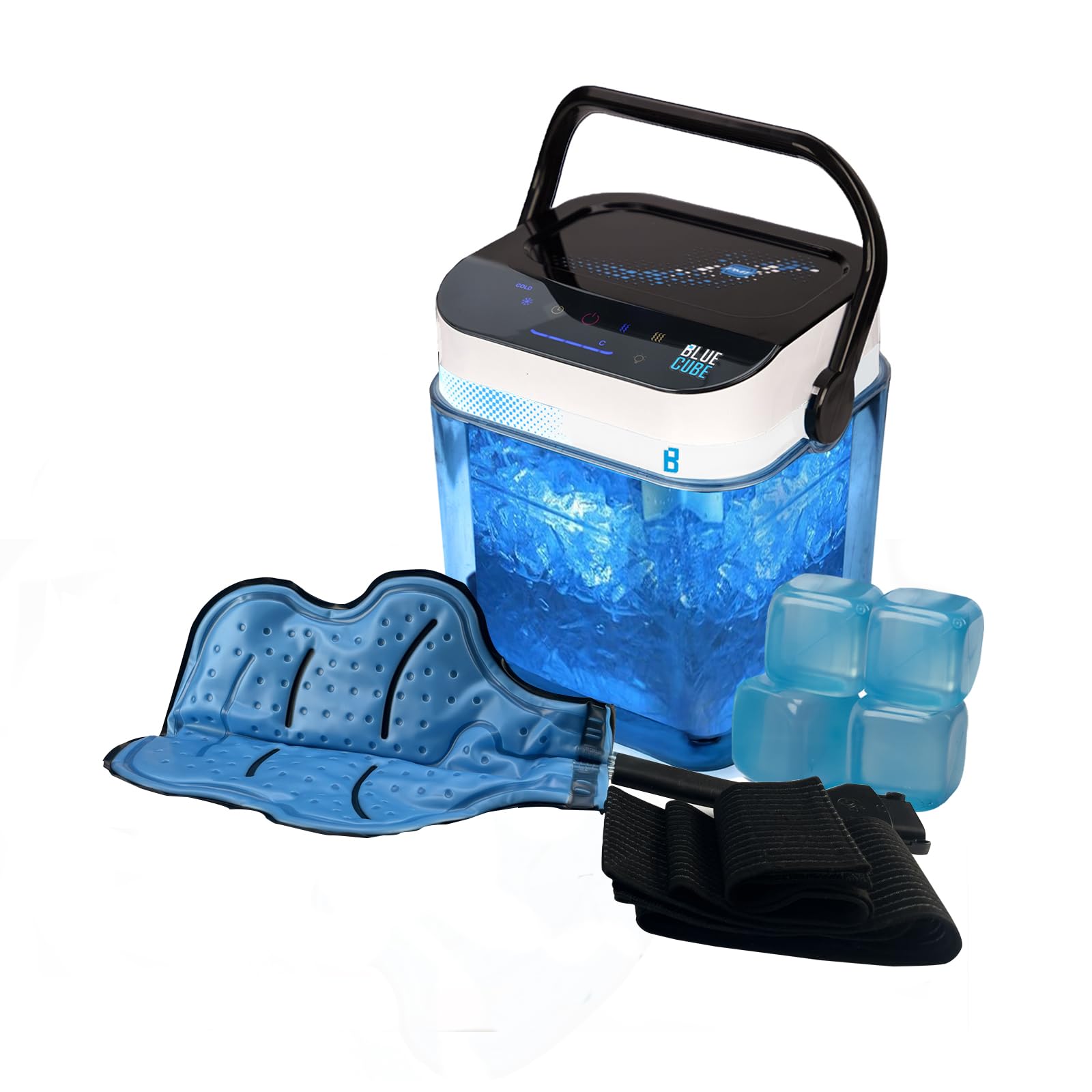 Cubo azul de M Pain Management Technologies, enfoque en agua fría y masaje de aire para recuperación.