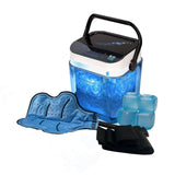 Cubo azul de M Pain Management Technologies, enfoque en agua fría y masaje de aire para recuperación.