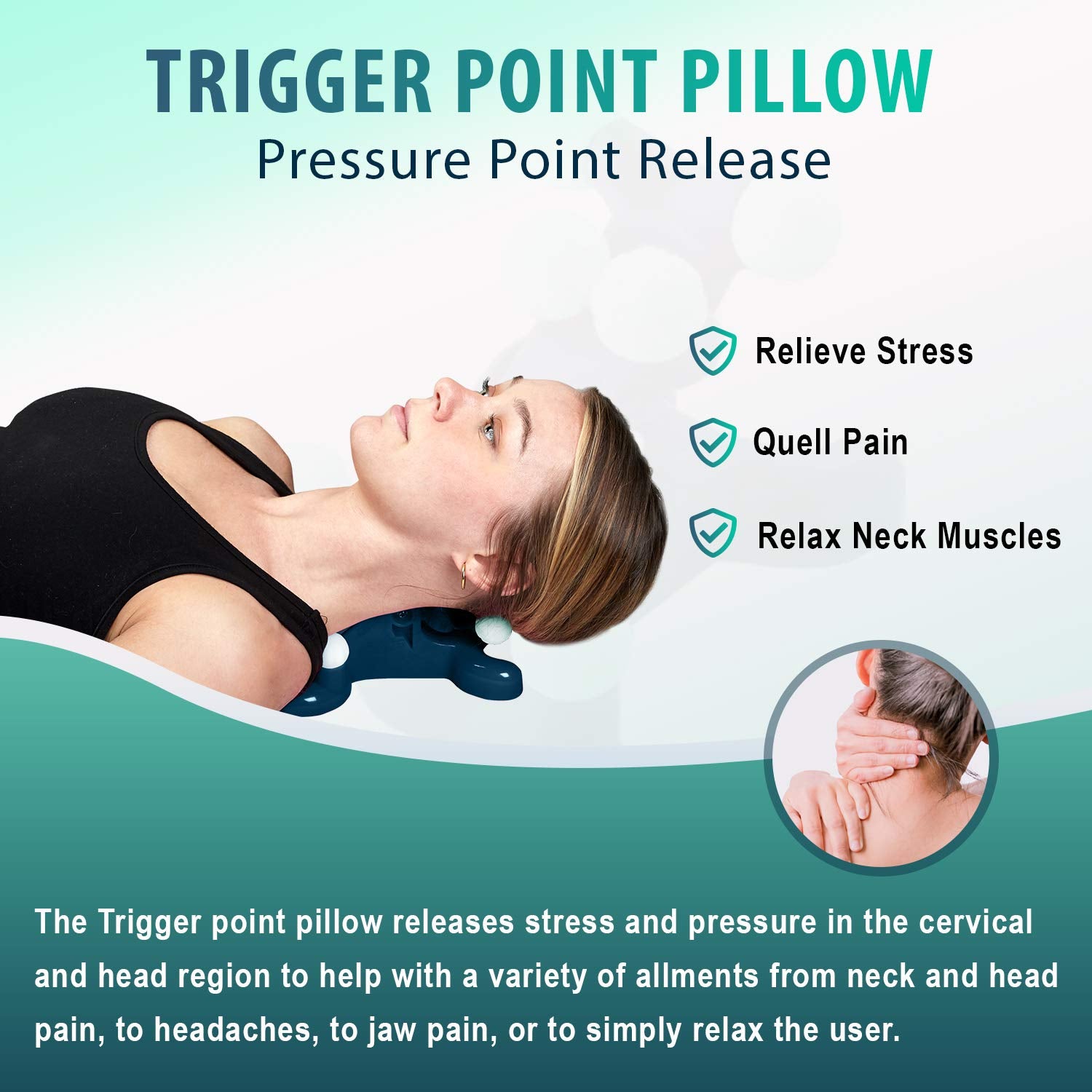 Almohada de puntos de disparo de M PAIN MANAGEMENT TECHNOLOGIES para relajación en 3 minutos.
