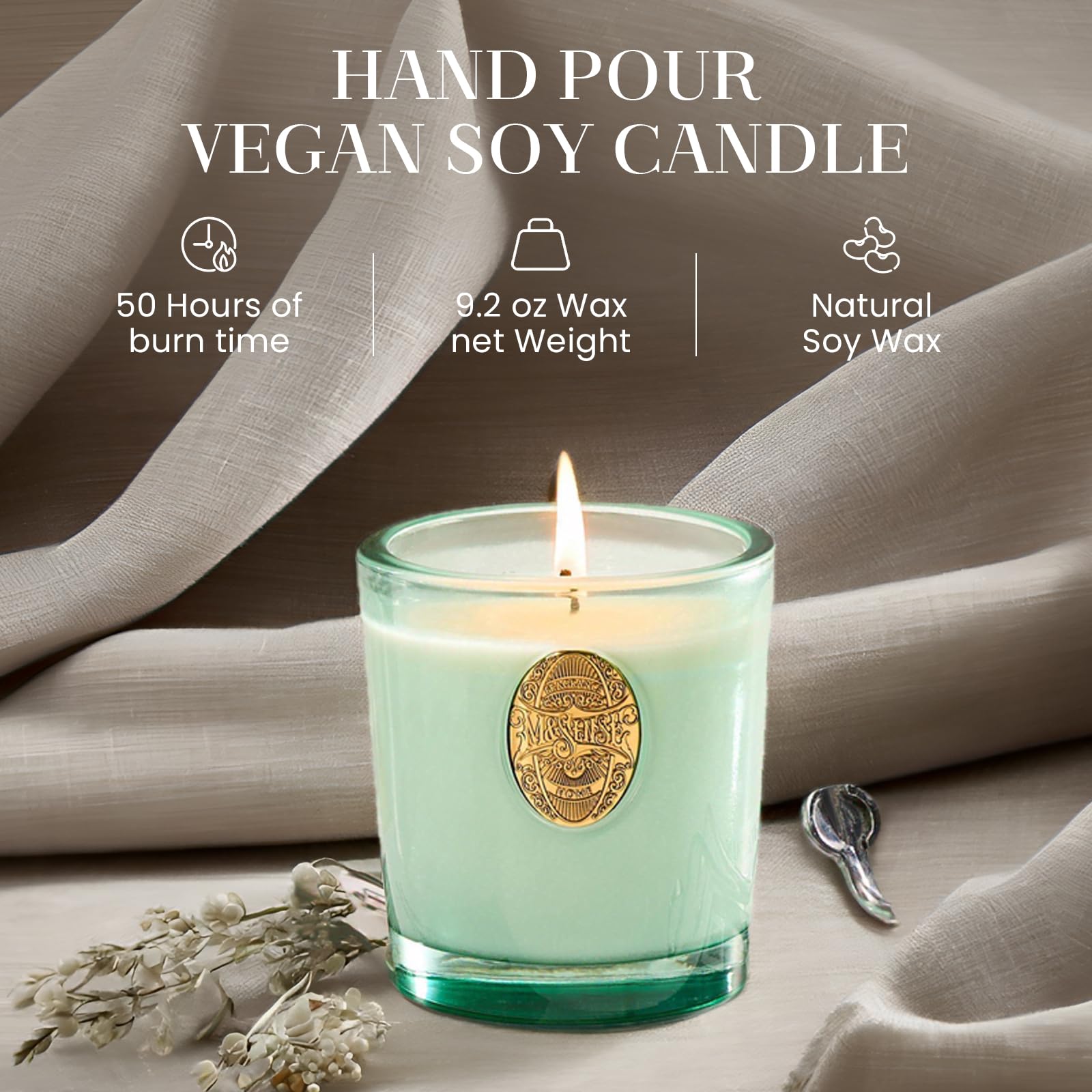 Vela M&SENSE de 9,2 oz, duración de 50 horas para cualquier ocasión.