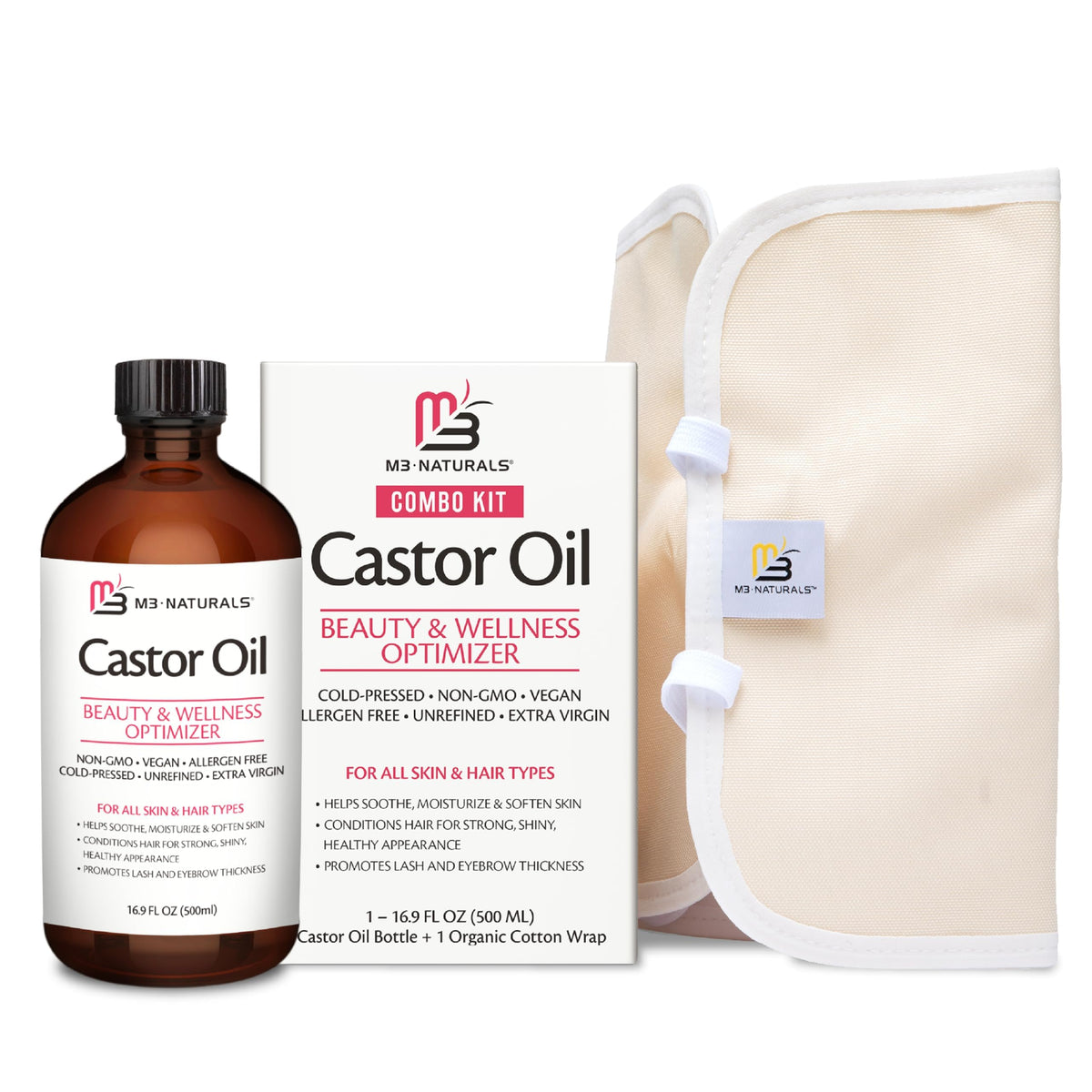 M3 Naturals: aceite de ricino en bote de cristal, cuidado suave de la piel diario.