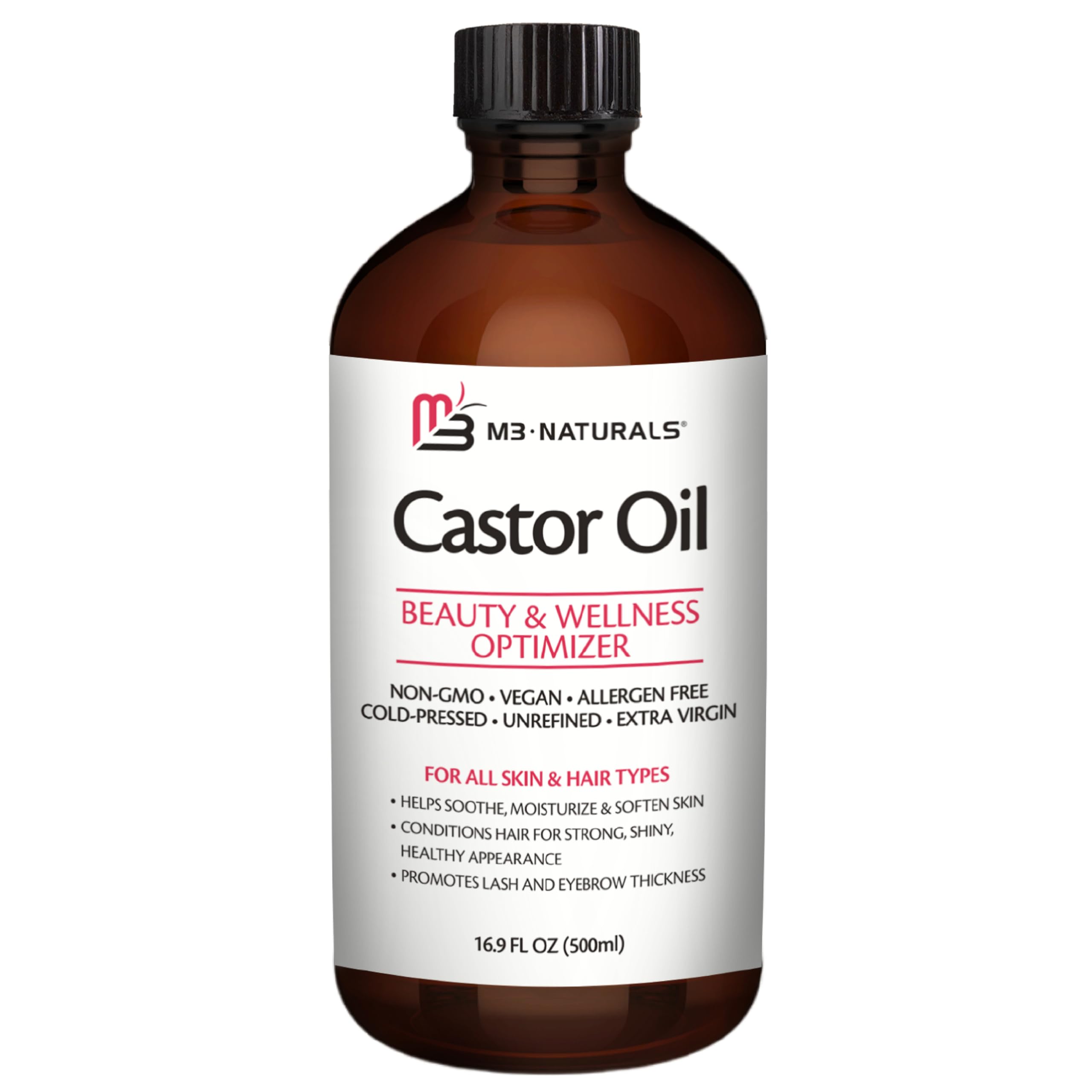 Botella de vidrio con aceite de ricino M3 Naturals, hidratación capilar diaria posible.