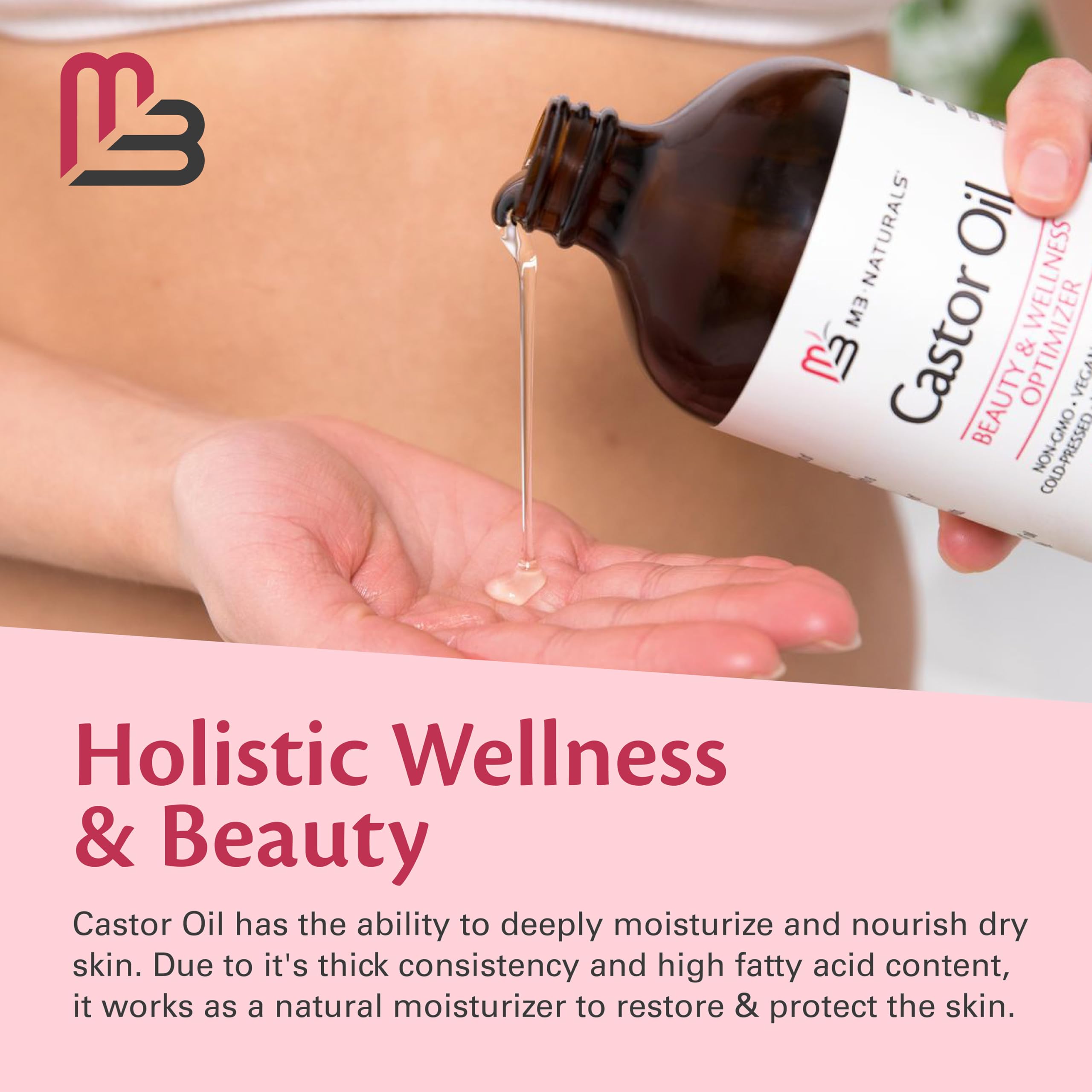 Piel suave e hidratada con aceite de ricino M3 Naturals.