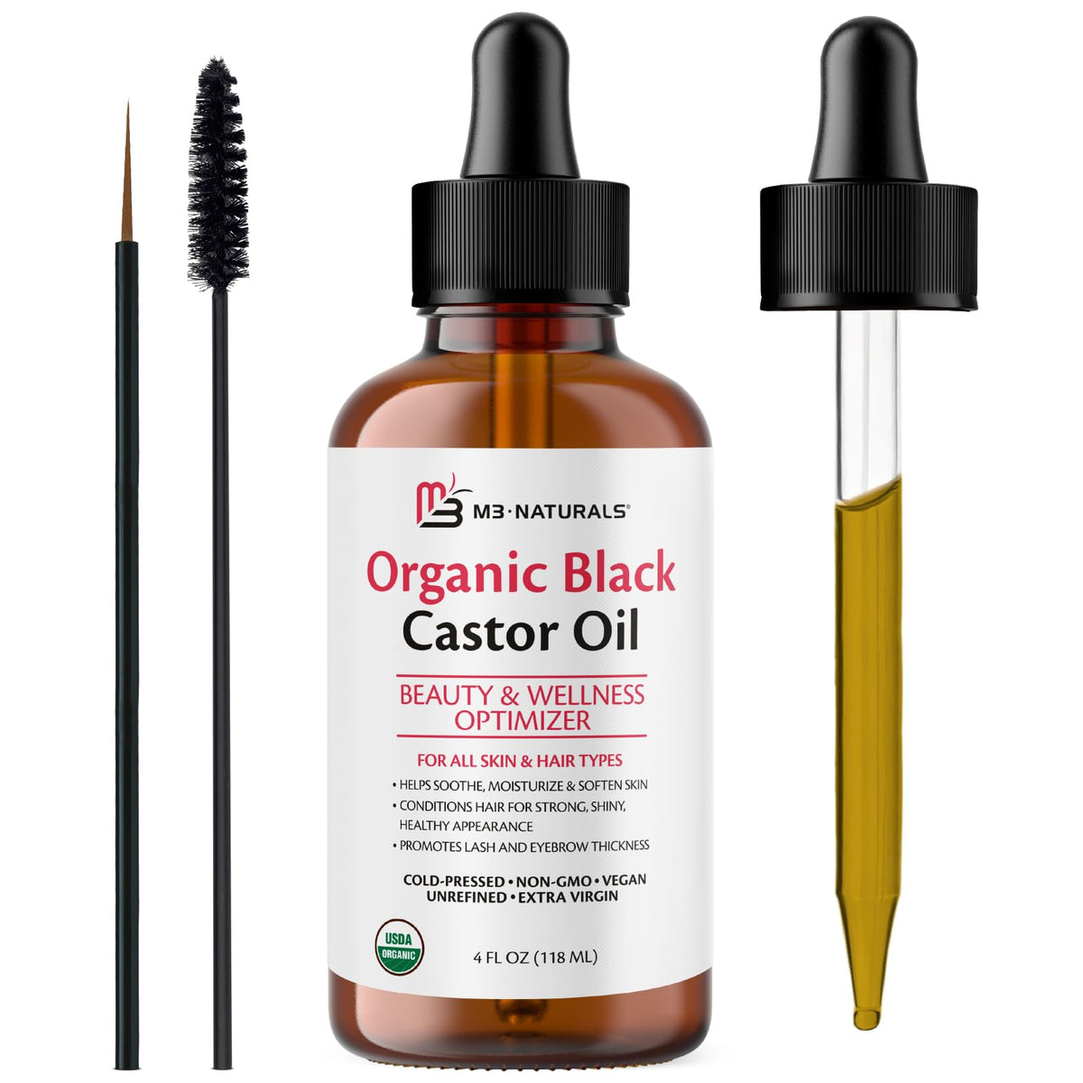 M3 Naturals aceite de ricino negro en botella de vidrio de 4 oz para crecimiento del cabello