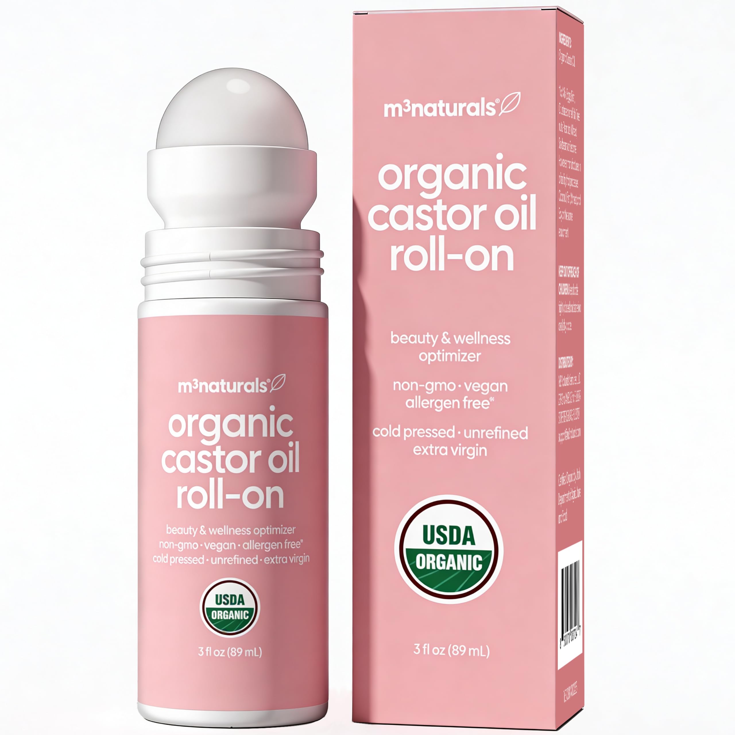 M3 Naturals Aceite de ricino prensado en frío Roll-On, botella lista para uso diario y hidratación suave.