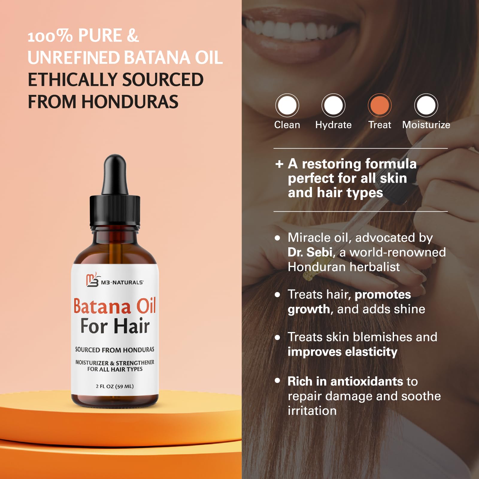 Aceite para cabello de M3 Naturals Batana: cuero cabelludo nutrido.