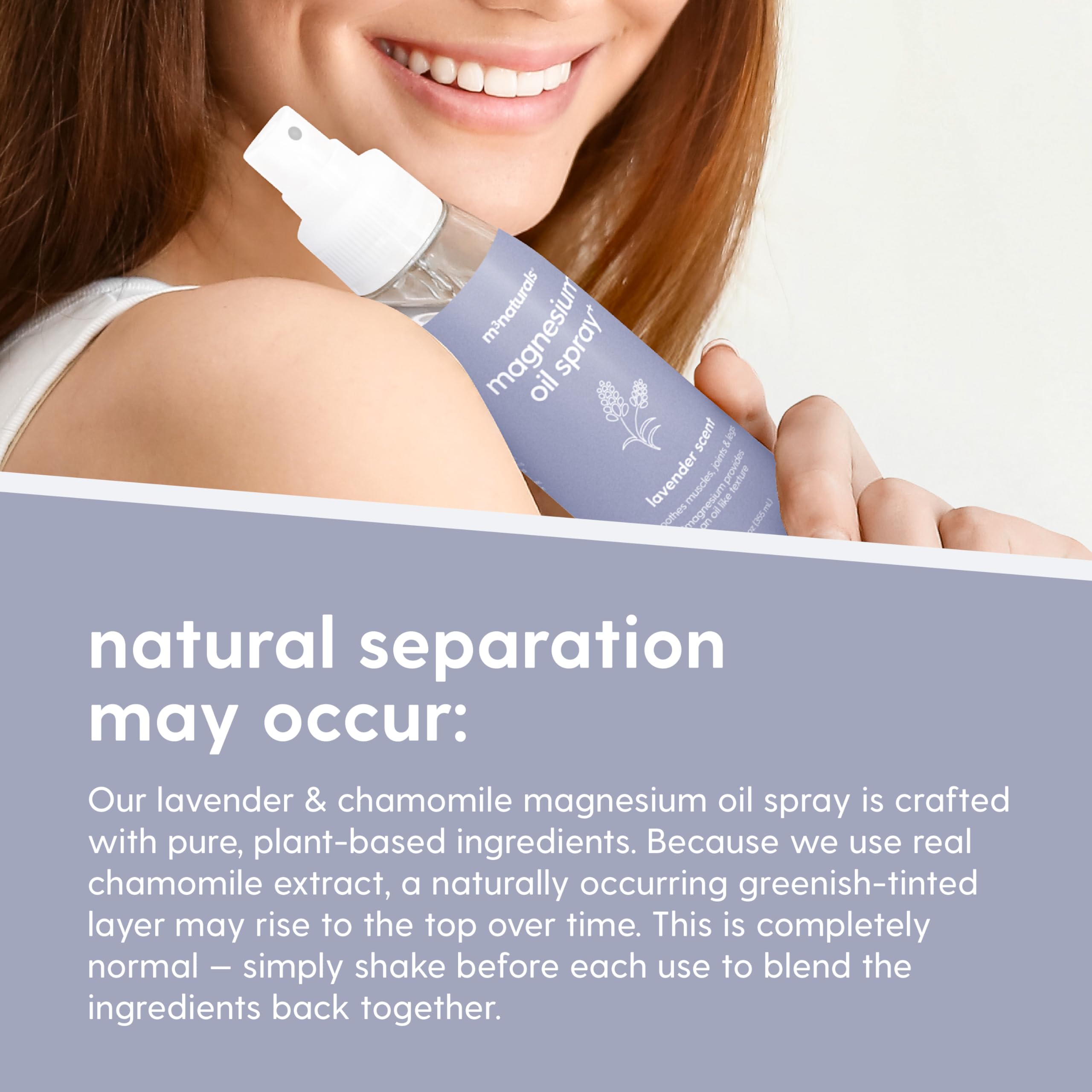 M3 Naturals Lavanda Magnesio Spray: aplicación en la mano para aliviar tensión.