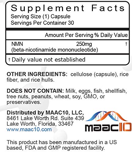 Maac10 NMN 250 mg, etiqueta clara con lista de ingredientes
