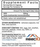 Maac10 NMN 250 mg, etiqueta clara con lista de ingredientes