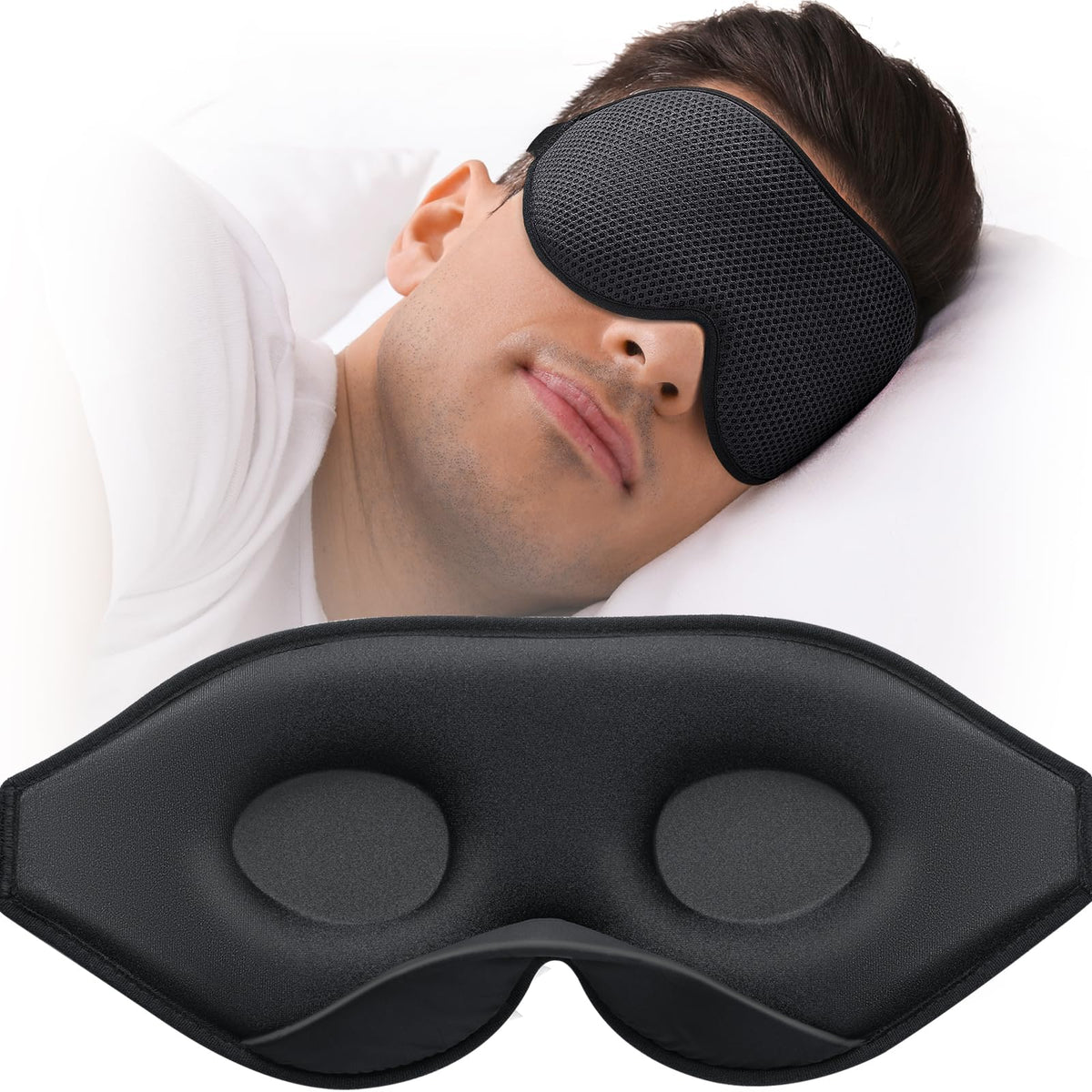 Mascarilla Mabao para dormir, enfoque lado, ayuda a dormir cómodo.
