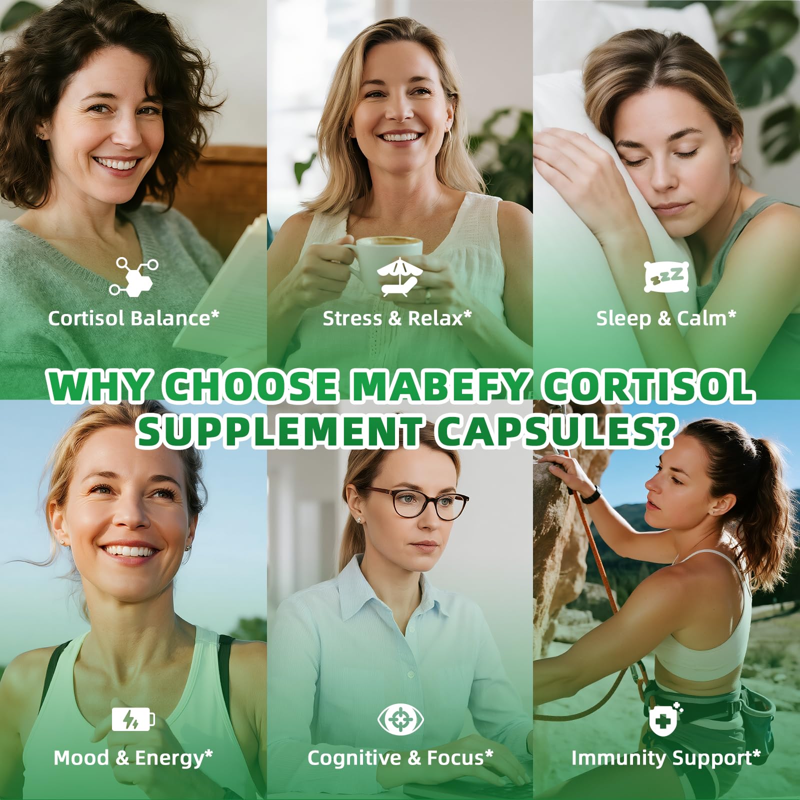 Etiqueta de MABEFY Cortisol con lista de nutrientes y beneficios.
