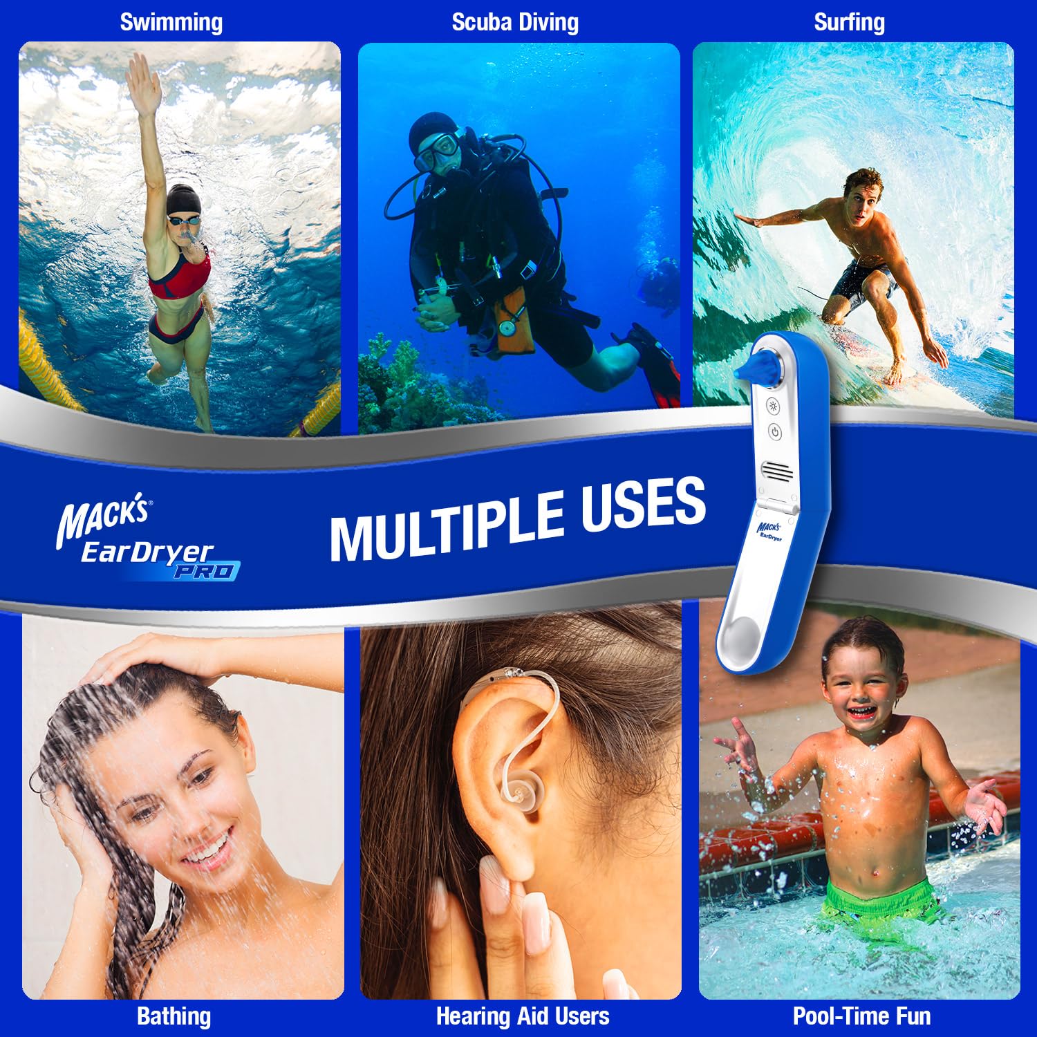 Mack's Ear Dryer Pro incluye 4 piezas de adaptadores para oídos.