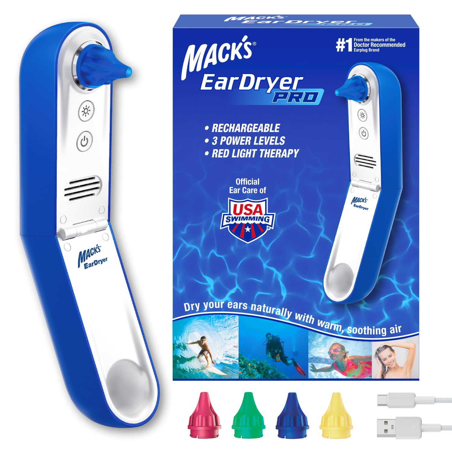 Mack's Ear Dryer Pro, diseño compacto para uso diario y almacenamiento.