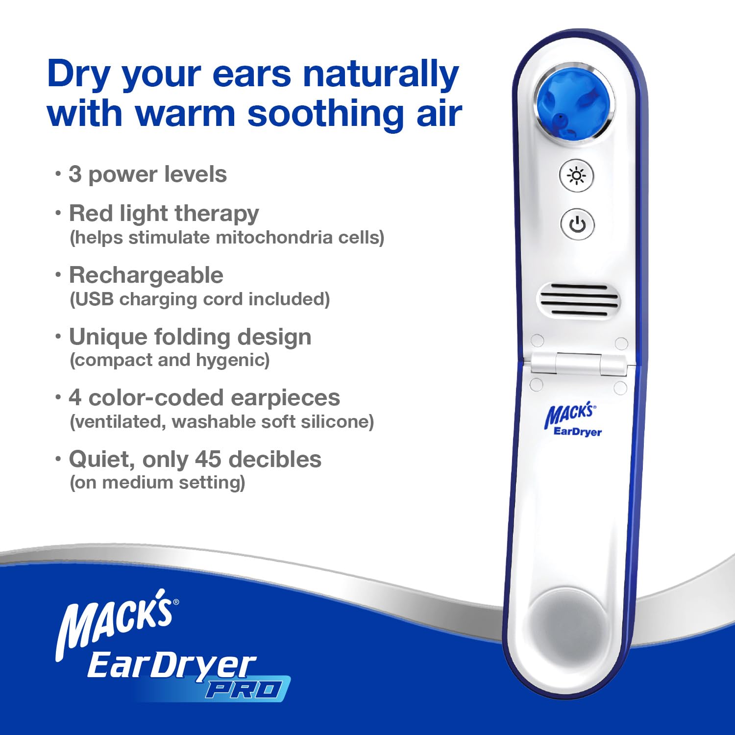 Mack's Ear Dryer Pro con terapia de luz roja integrada.