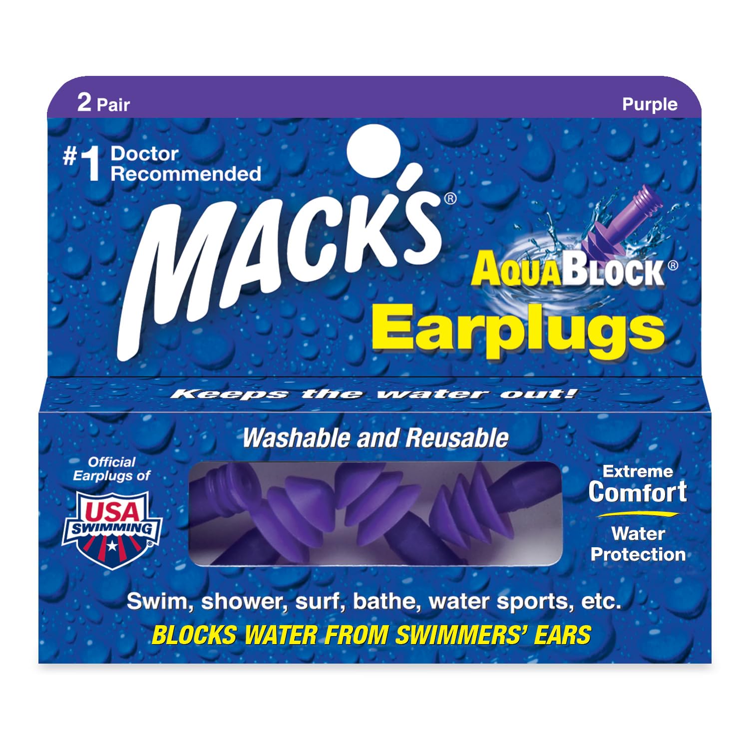Tapones Mack's AquaBlock para natación con ajuste cómodo y protección frente al agua.