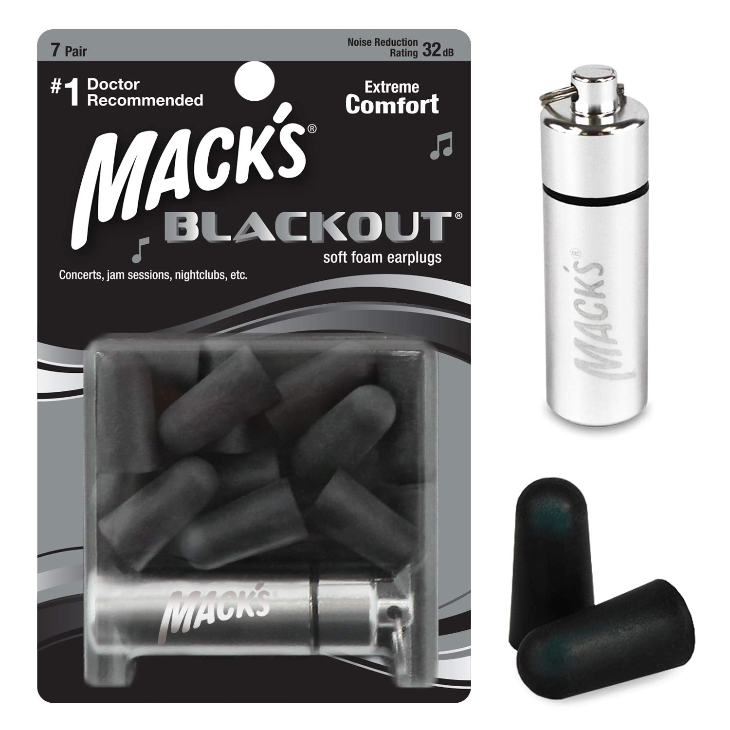 Tapones Mack's Blackout de espuma suave para conciertos con estuche de viaje incluido.