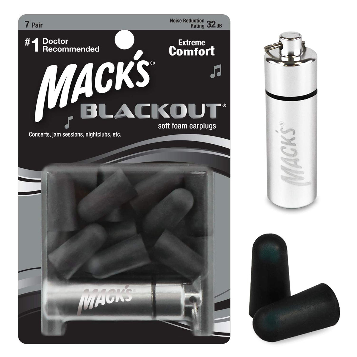 Tapones Mack's Blackout de espuma suave para conciertos con estuche de viaje incluido.