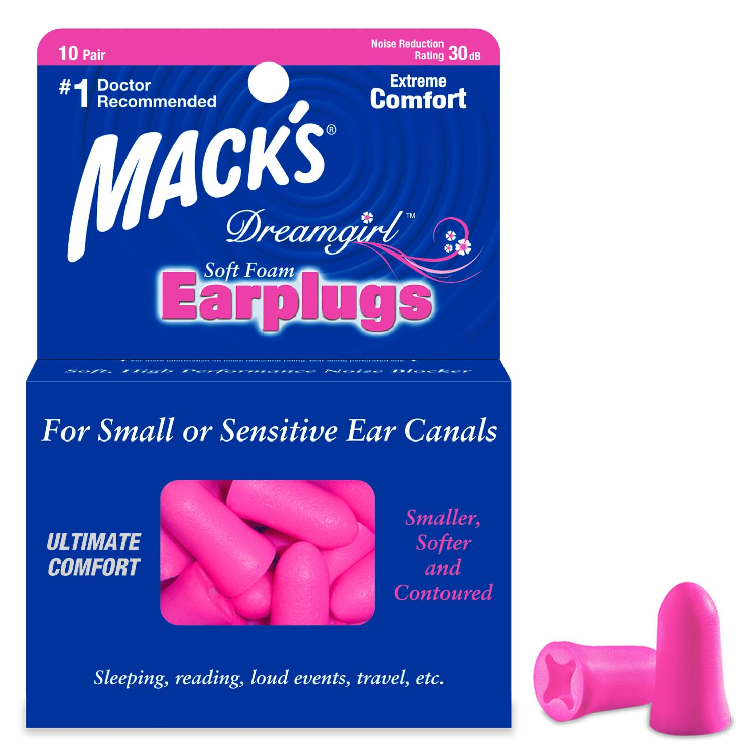 Tapones Mack's Dreamgirl rosa para dormir, comodidad para oídos sensibles.