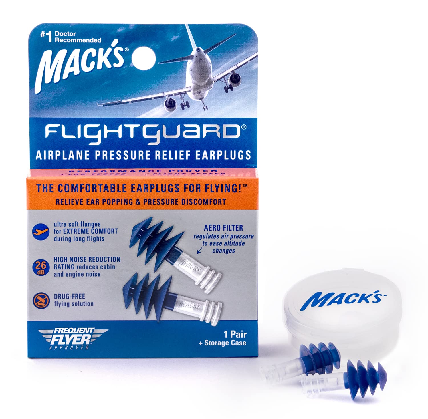 Tapones Mack's Flightguard en empaque compacto para viajar con comodidad.