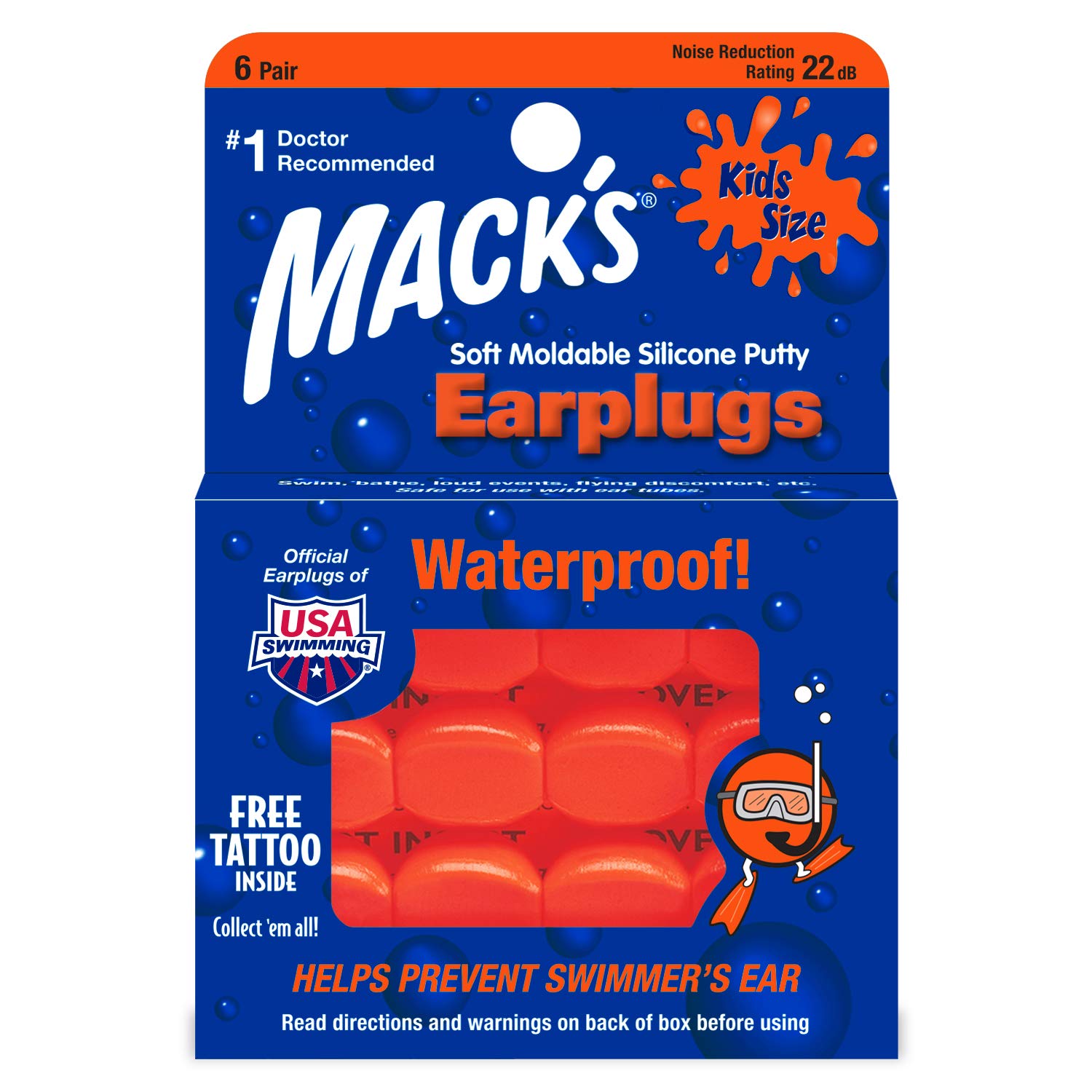 Tapones Mack's para niños de silicona moldeable, ajuste cómodo para natación.