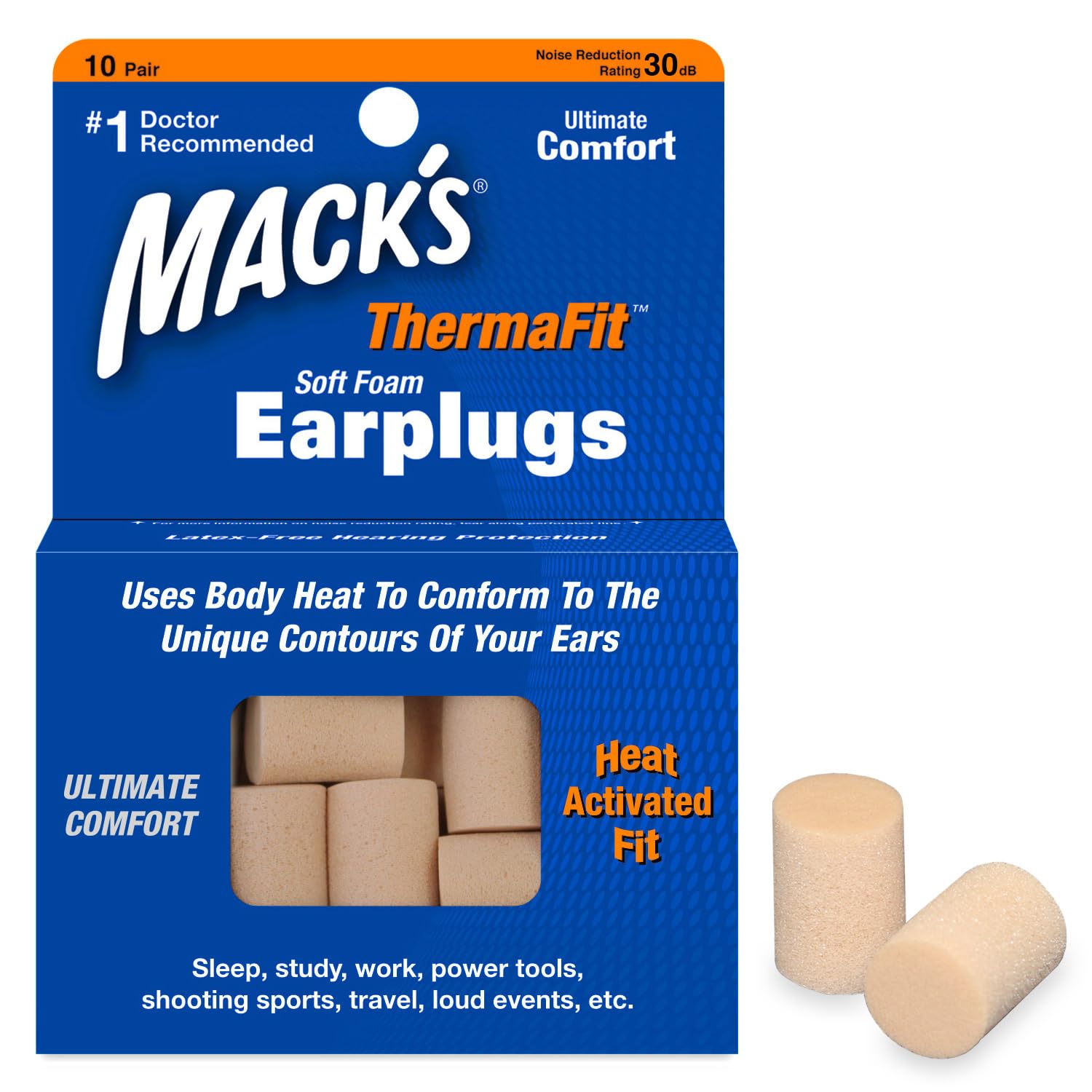 Tapones Mack's ThermaFit para dormir; confortables y se adaptan al canal auditivo para un descanso suave.