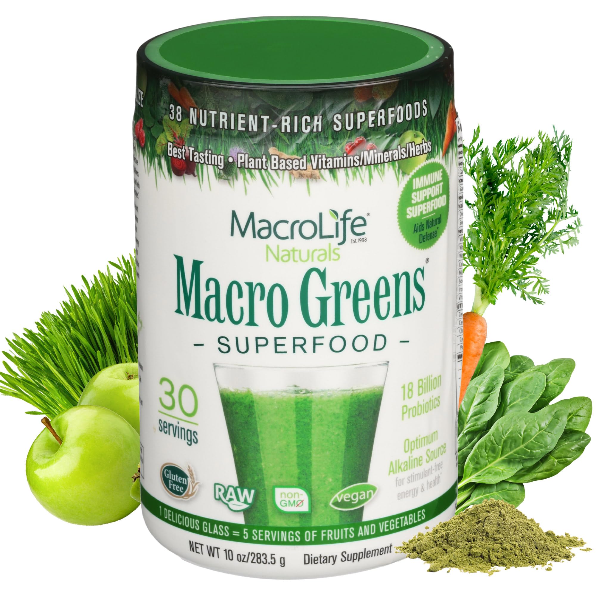 MacroLife Naturals Macro Greens envase 10oz para iniciar el día con batido rápido